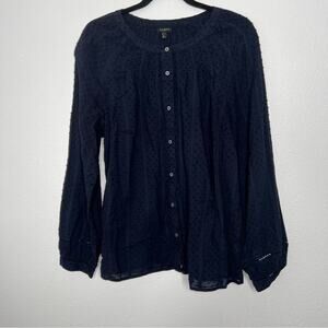 Talbots Navy Blue Swiss Dot Cotton Long Sleeve Button Down Blouse Women's size L